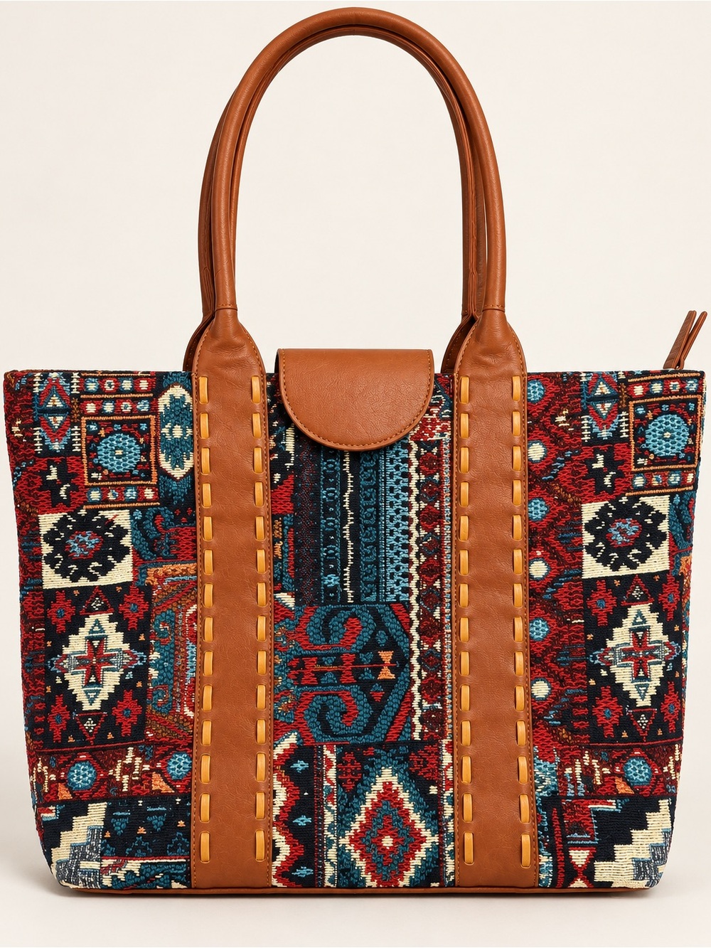 NWOT! Genuine Leather and Aztec Patchwork Tapestry Tote